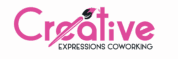 “Creative Expressions Coworking logo featuring pink creative text with paintbrush design.”